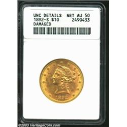 1892-S $10--Damaged--ANACS. Unc Details, Net AU50. Liberty has a dig near the tip of her nose. Well.