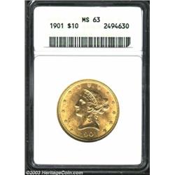 1901 $10 MS63 ANACS. A sharply struck and bright Eagle that has imposing luster and a few unimportan