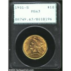 1901-S $10 MS63 PCGS. Fully struck throughout with lovely reddish-gold and lilac coloration interspe