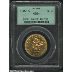 1902-S $10 MS64 PCGS. Sharply struck throughout and problem-free, the surfaces are very close to Gem