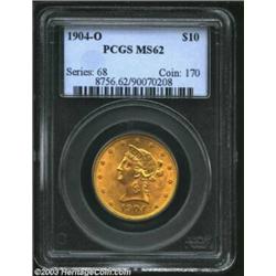 1904-O $10 MS62 PCGS. Well struck with satiny, orange-gold color. A somewhat scarcer issue because o
