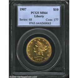 1907 $10 MS64 PCGS. An exquisitely struck near-Gem with pleasing luster and impressively preserved s