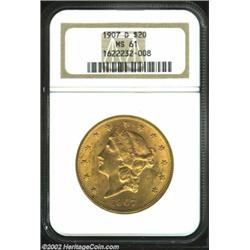 1907-D $20 MS61 NGC. This final-year issue is one of only two Denver Mint deliveries in the Liberty.