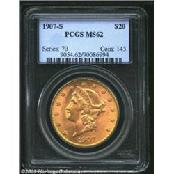 1907-S $20 MS62 PCGS. Lovely pink-gold color covers most of the clean, prooflike surfaces. The strik