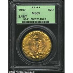 1907 $20 Arabic Numerals MS65 PCGS. Very well struck for this often ill-defined first year issue and