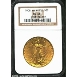 1908 $20 No Motto MS63 NGC. A boldly struck Double Eagle with good luster and deep lemon-gold color.