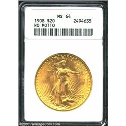 1908 $20 No Motto MS64 ANACS. Boldly struck and lustrous, the satiny orange-gold surfaces have a gra