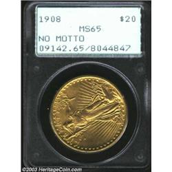1908 $20 No Motto MS65 PCGS. Both sides are orange-gold in color with pleasing satiny surfaces. A we