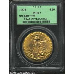 1908 $20 No Motto MS67 PCGS. Uncommonly smooth with rich, reddish-gold color. Both sides are fully f
