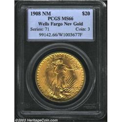 1908 $20 No Motto, Wells Fargo MS66 PCGS. A gorgeously preserved Gem that has satiny luster and rich