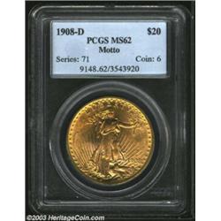 1908-D $20 Motto MS62 PCGS. Well struck with a slight accent of reddish patina in the fields. A scar