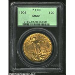 1909 $20 MS61 PCGS. Numerous small to mid-sized abrasions are scattered over each side of this scarc