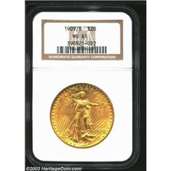 1909/8 $20 MS61 NGC. Satiny and quite clean for the grade, with appealing pink-gold patina near the.