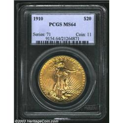 1910 $20 MS64 PCGS. Well struck and exquisitely preserved, with exceptionally bright green-gold and.