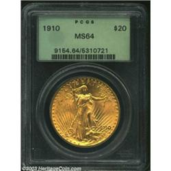 1910 $20 MS64 PCGS. Soft, frosted mint luster covers both sides of this attractive near-Gem example.