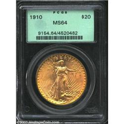1910 $20 MS64 PCGS. This near-Gem displays rich, vivid pumpkin-orange and pink-gold colors over sati