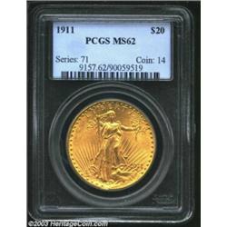 1911 $20 MS62 PCGS. Olive-gold in color, the surfaces exhibit an appreciably sharp strike for the ty