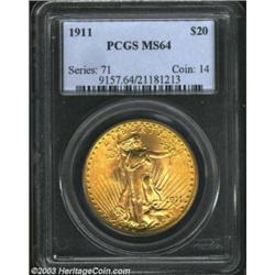 1911 $20 MS64 PCGS. A long overlooked P-mint issue in better Mint State grades, that despite a limit