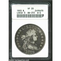 1803 S$1 Large 3 VF20 ANACS. B-6, BB-255, R.1. The obverse field offers deep lilac patina, with rich