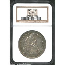1842 S$1 AU55 NGC. The rather subdued dove-gray surfaces have olive-green peripheral color, and reta