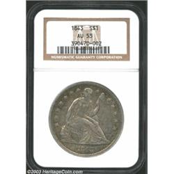 1843 S$1 AU53 NGC. A lightly worn example with blended grey-gold surfaces that lighten slightly at t