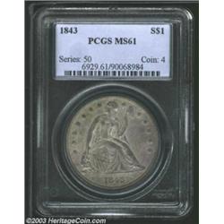 1843 S$1 MS61 PCGS. Pewter-grey color inhabits both sides. While it somewhat quiets the luster, the.