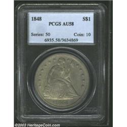 1848 S$1 AU58 PCGS. The clean surfaces are evenly covered in a blanket of thick grey-gold. Fully-det
