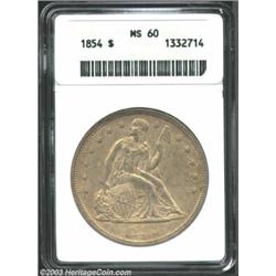 1854 S$1 MS60 ANACS. The base of the 4 in the date is noticeably repunched, as it is on all business