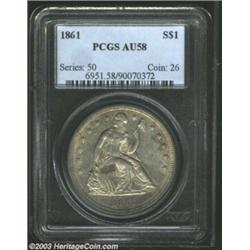 1861 S$1 AU58 PCGS. Nearly full luster is seen on clean surfaces that are toned gold. Fully struck a