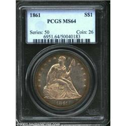 1861 S$1 MS64 PCGS. The Seated Dollar was never a large mintage issue as its silver content remained
