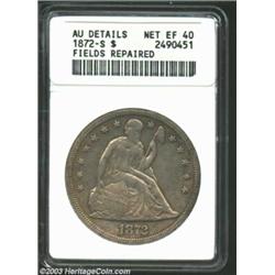 1872-S S$1--Fields Repaired--ANACS. AU Details, Net XF40. Pale golden-brown and lavender patina. Sub