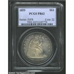 1859 S$1 PR62 PCGS. An elegant-looking proof specimen, with gorgeous toning. A few wispy hairlines a