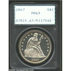 1867 S$1 PR63 PCGS. There is very little toning on either side of this minimally hairlined PR63 repr