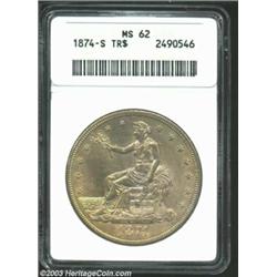 1874-S T$1 MS62 ANACS. A nicely struck example with clean surfaces and satiny luster. Steel-grey sur