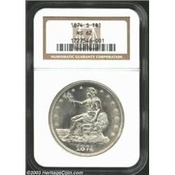 1874-S T$1 MS62 NGC. With a sizeable original mintage of 2.5 million pieces, the 1874-S is often cal