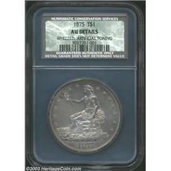 1875 T$1 AU Details, Whizzed, Artificial Toning, NCS. Type One Obverse / Type One Reverse. The gloss