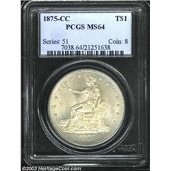 1875-CC T$1 MS64 PCGS. Type One Reverse. Essentially untoned with frosty, cartwheel luster and only.