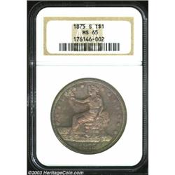 1875-S T$1 MS65 NGC. Type One Reverse, Large S mintmark. The obverse of this shimmering Gem is layer