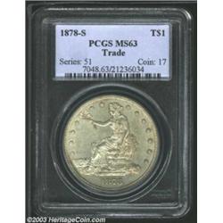 1878-S T$1 MS63 PCGS. A beautifully struck example with smoky tan-brown patina and mildly prooflike.
