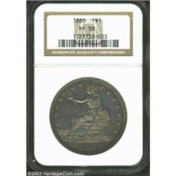 1880 T$1 PR58 NGC. Iridescent golden-brown, powder-blue, and violet colors appear when the coin is t