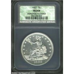 1882 T$1 Proof, Improperly Cleaned NCS. The obverse has a couple of milky toning spots, while the re