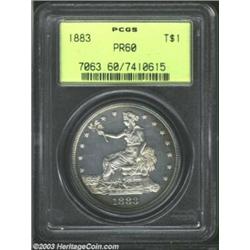 1883 T$1 PR60 PCGS. Hairlined in the fields, there is some rainbow toning starting to form about the