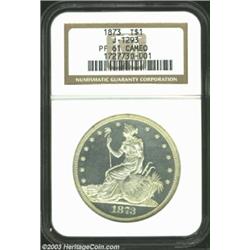 1873 T$1 Trade Dollar, Judd-1293, Pollock-1435, R.4, PR61 Cameo NGC. Liberty is seen on this design.