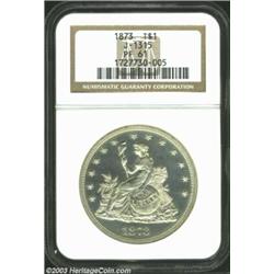 1873 T$1 Trade Dollar, Judd-1315, Pollock-1458, R.4, PR61 NGC. Bailly's Liberty design is seated lef