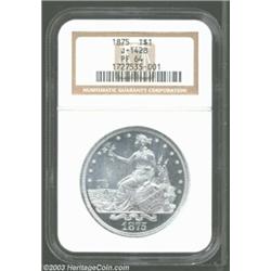 1875 T$1 Trade Dollar, Judd-1428, Pollock-1571, R.7, PR64 NGC. Liberty by the Seashore design with a