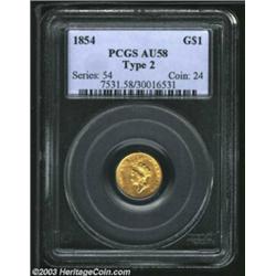 1854 G$1 Type Two AU58 PCGS. Orange-gold color envelops both sides of this minimally circulated surv