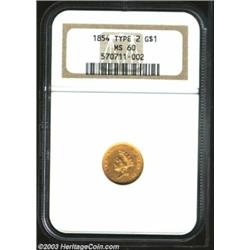 1854 G$1 Type Two MS60 NGC. Sharply defined throughout with an overlay of light reddish patina. A fe