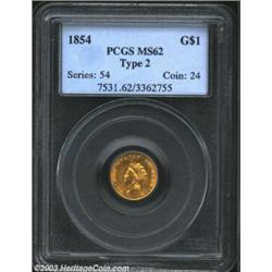 1854 G$1 Type Two MS62 PCGS. This issue is not so much rare in an absolute sense as it is from a mar