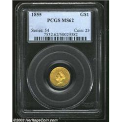 1855 G$1 MS62 PCGS. Attractive with dominant green-gold shadings, the surfaces brighten to yellow-go