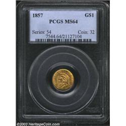 1857 G$1 MS64 PCGS. A bright, flashy Mint State coin that shows only slight softness of strike on th